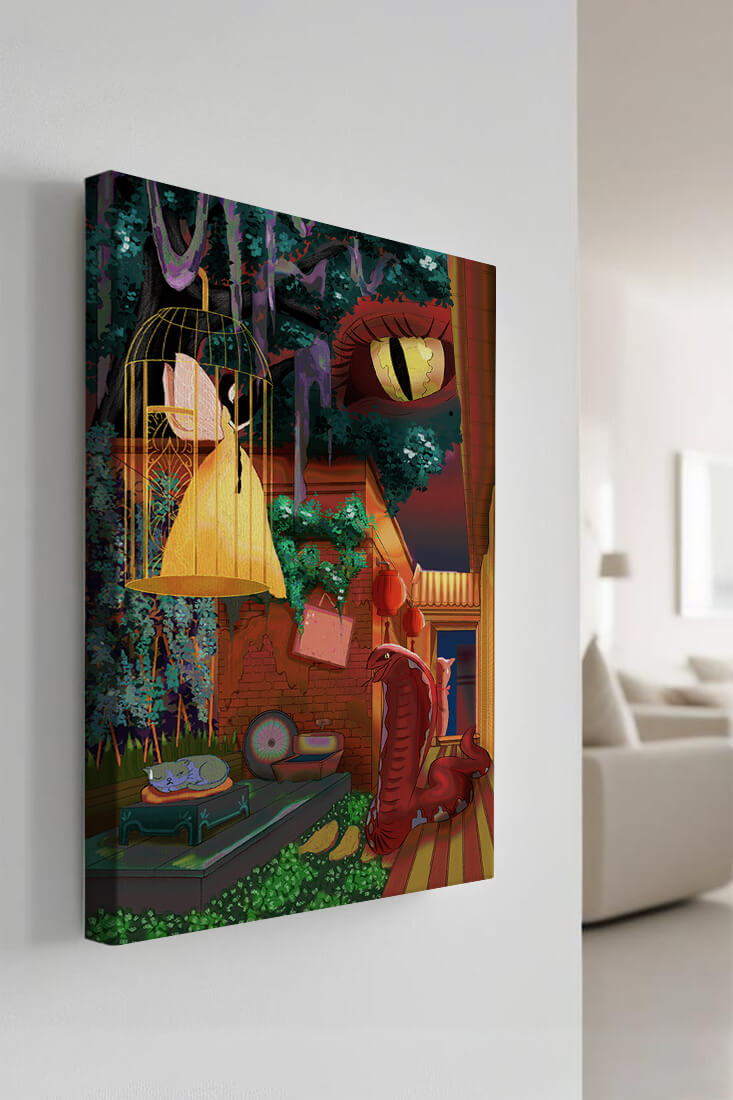 Enchanted garden with fairy, snake, and mysterious elements