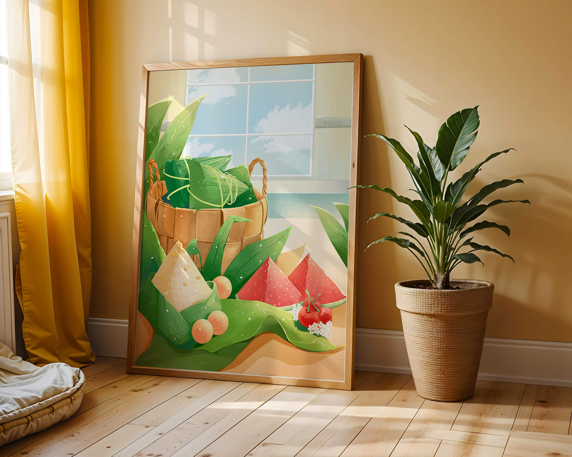 Serene kitchen scene with basket of fruits and leaves