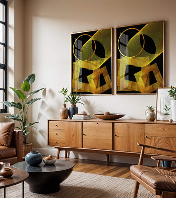 Geometric gold lines on black background