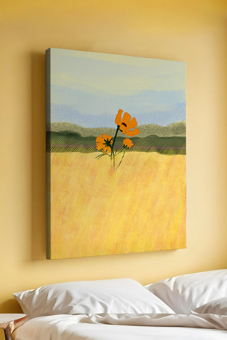 Orange Flowers in a Golden Field with Mountains and Blue Sky