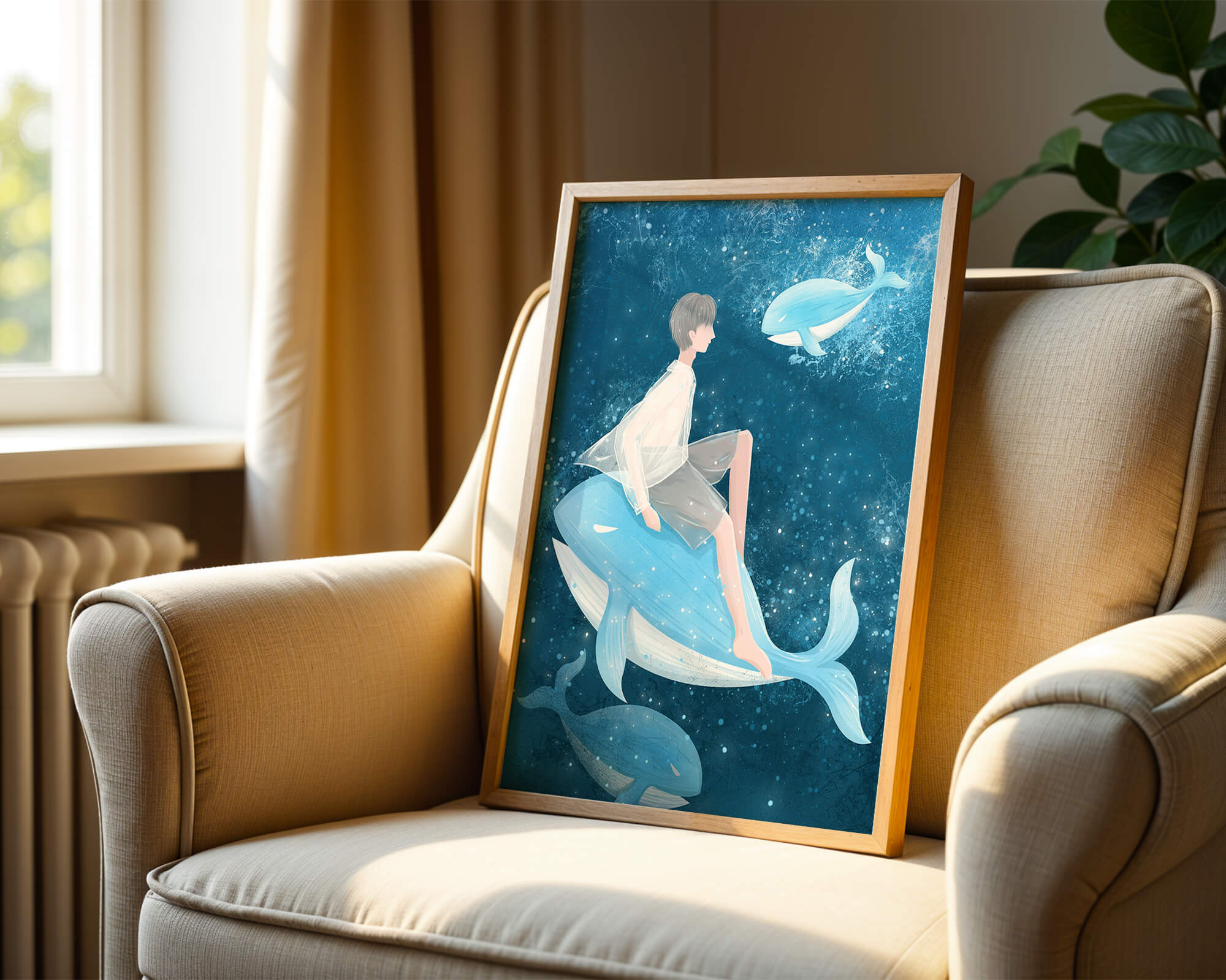 Fantasy illustration of person on blue whale in underwater scene