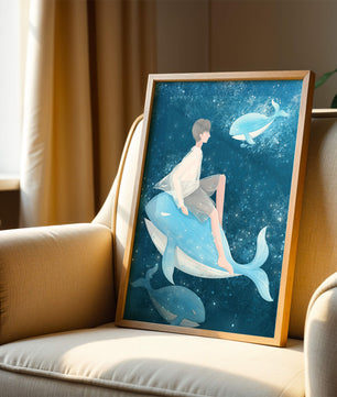 Illustration fantastique d'une personne sur une baleine bleue dans une scène sous-marine