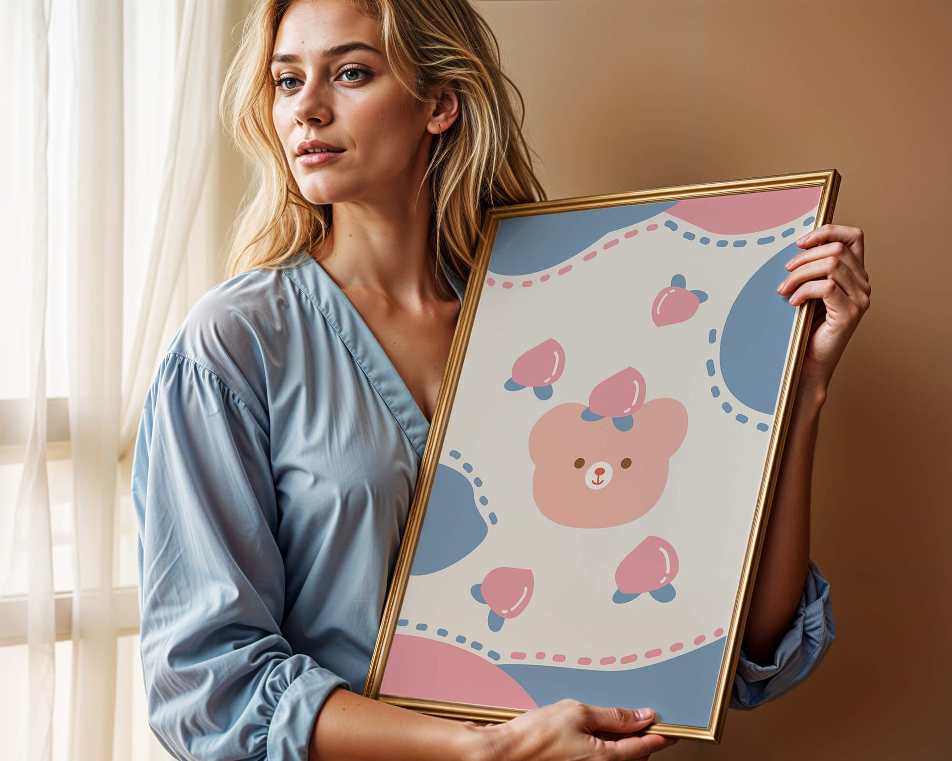 Adorable pastel bear with peaches and dotted background