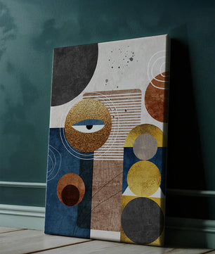 Obra de arte geométrica abstracta con elementos dorados y azules