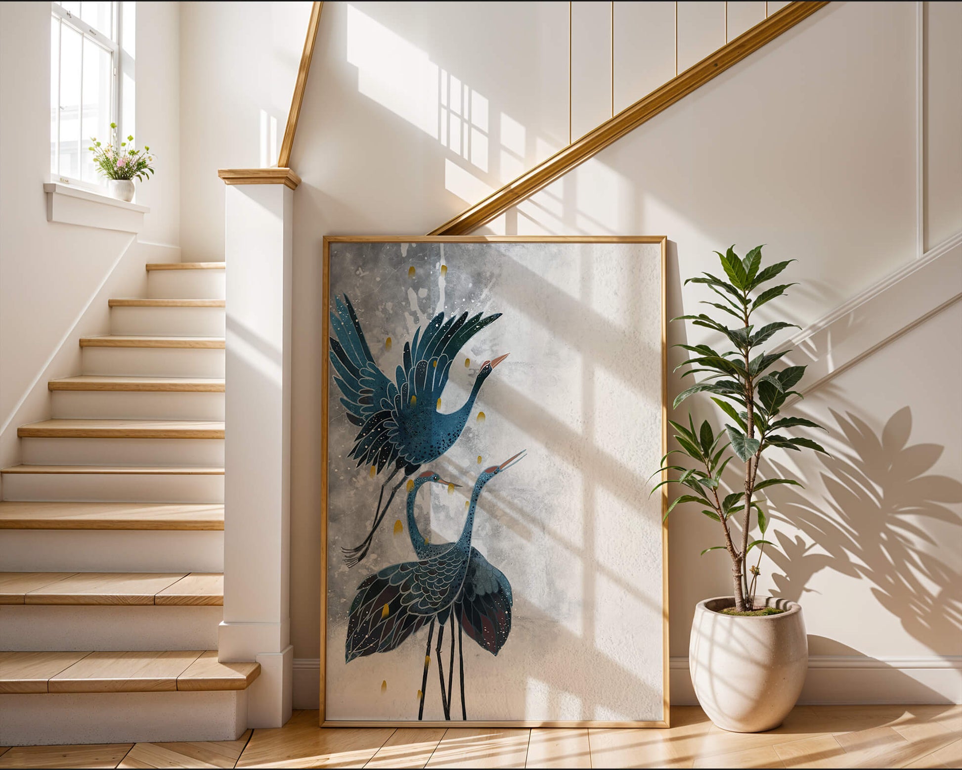 Elegante blaue Kraniche vor einem ruhigen abstrakten Hintergrund mit goldenen Akzenten