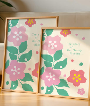 Florale Illustration mit Kirschblüten und grünen Blättern