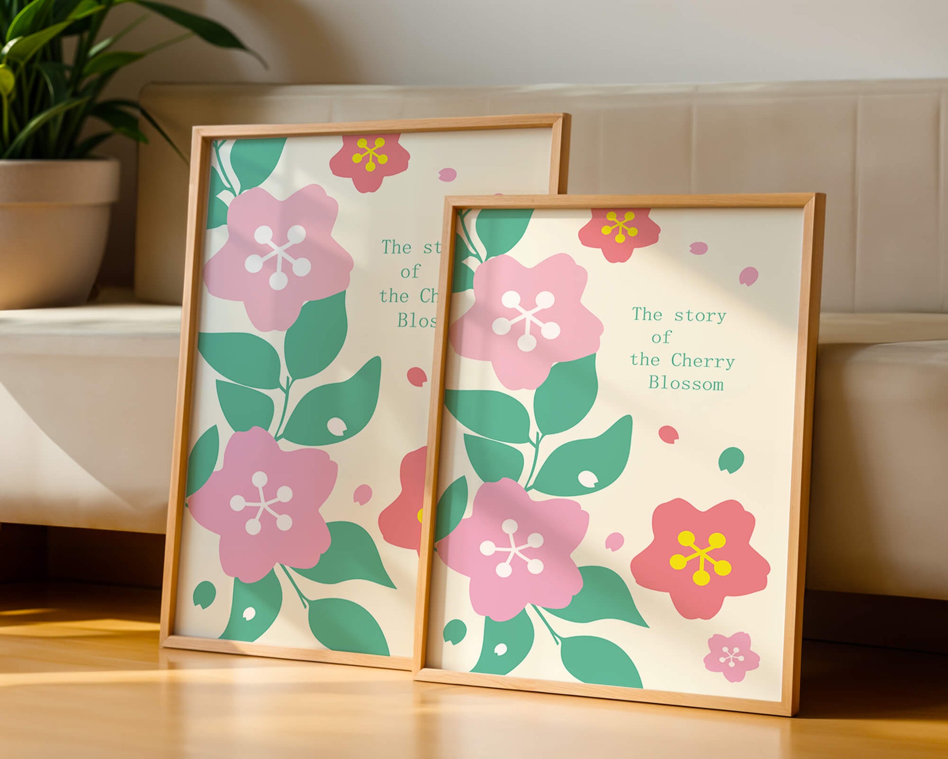 Floral illustration with cherry blossoms and green leaves