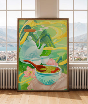 Tea ceremony with teapot and tea bowls amidst nature scenery
