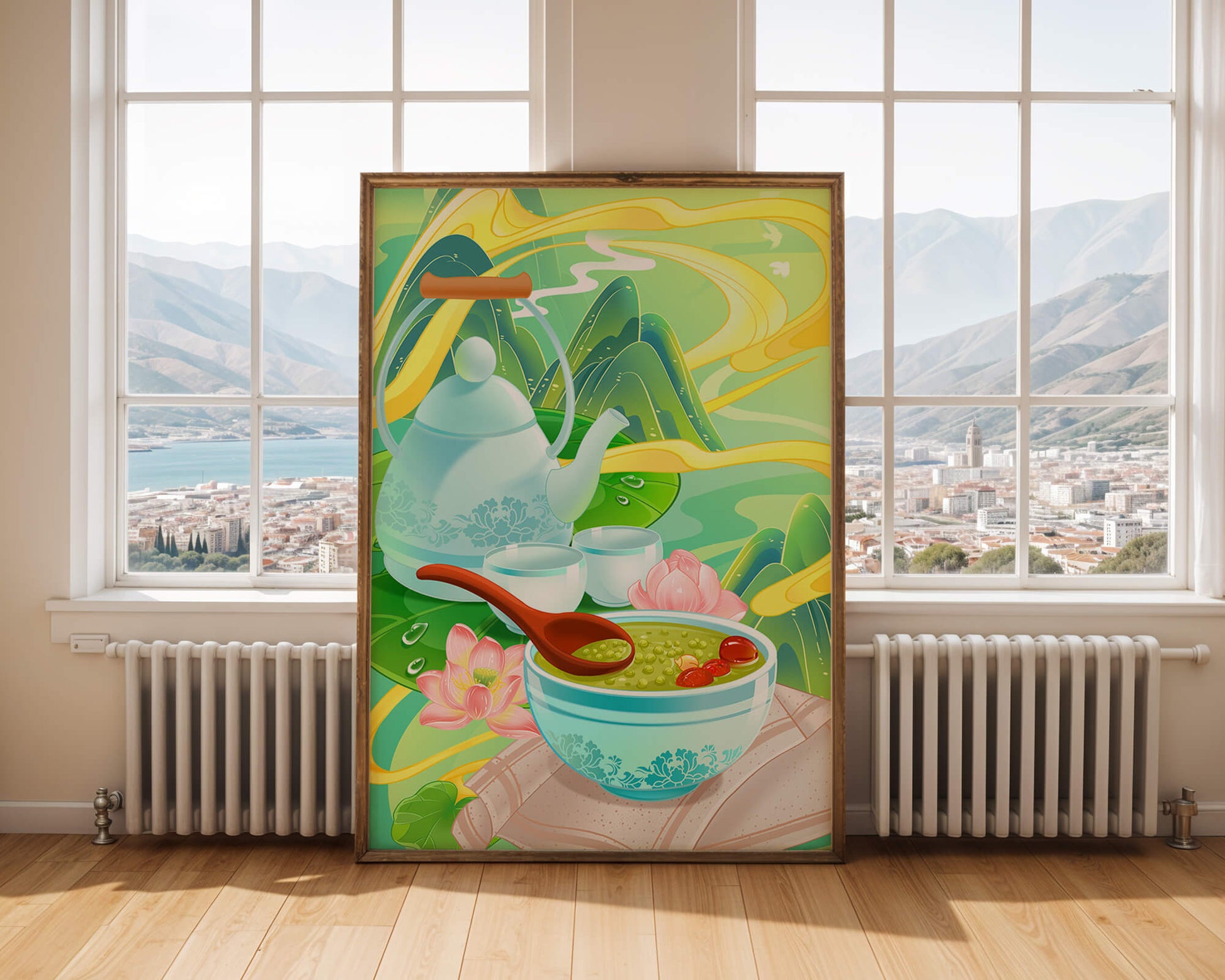 Ceremonia del té con tetera y cuencos de té en medio de un paisaje natural.
