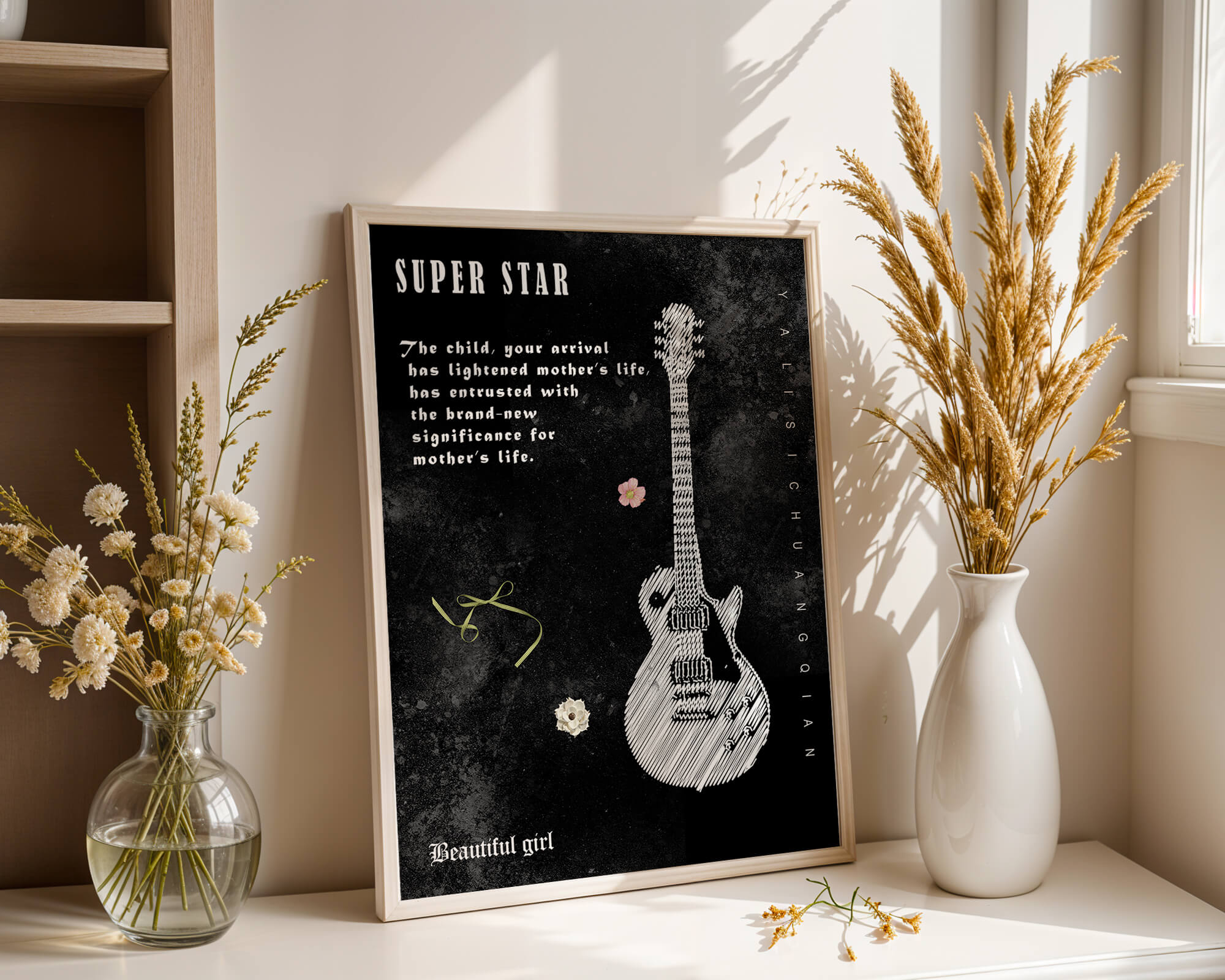 Artistic black and white guitar illustration with heartfelt text