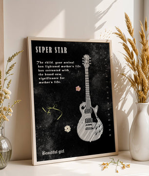 Ilustración de guitarra en blanco y negro artística con texto conmovedor