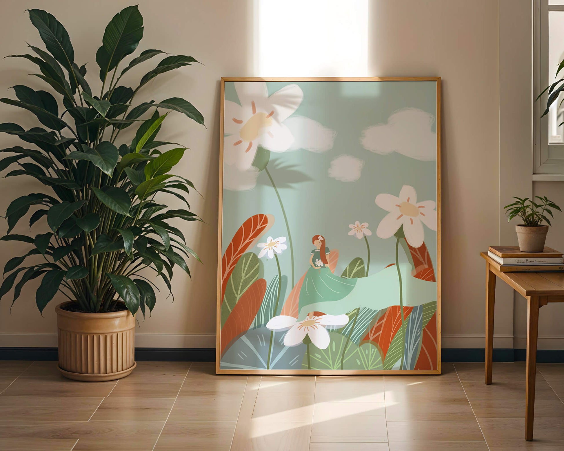 Whimsical garden scene with woman in a floral wonderland