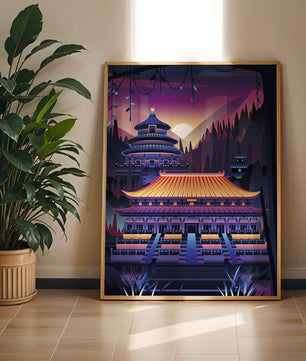 Neon Asian Temple at Sunset in Stylized Landscape