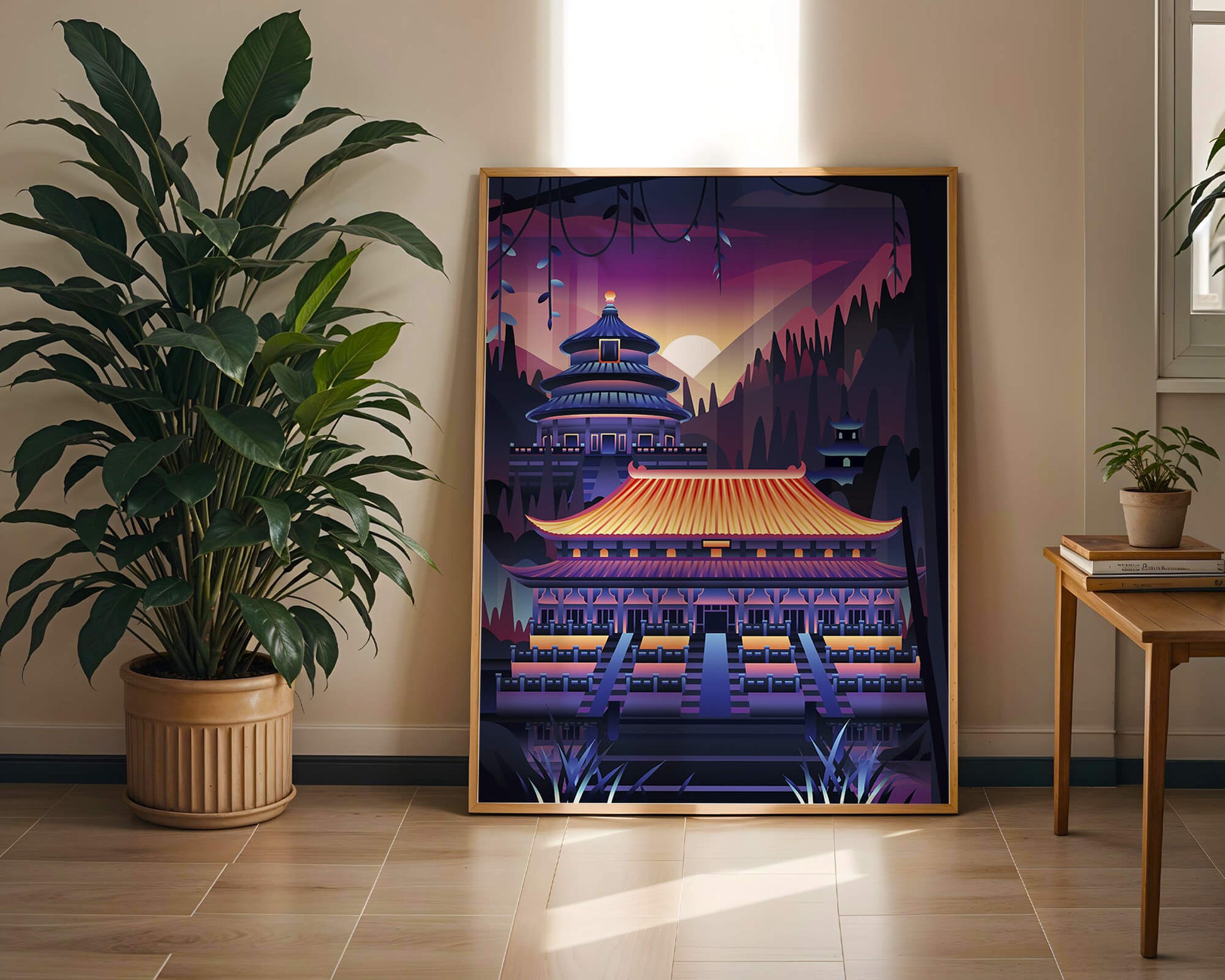 Neon Asian Temple at Sunset in Stylized Landscape