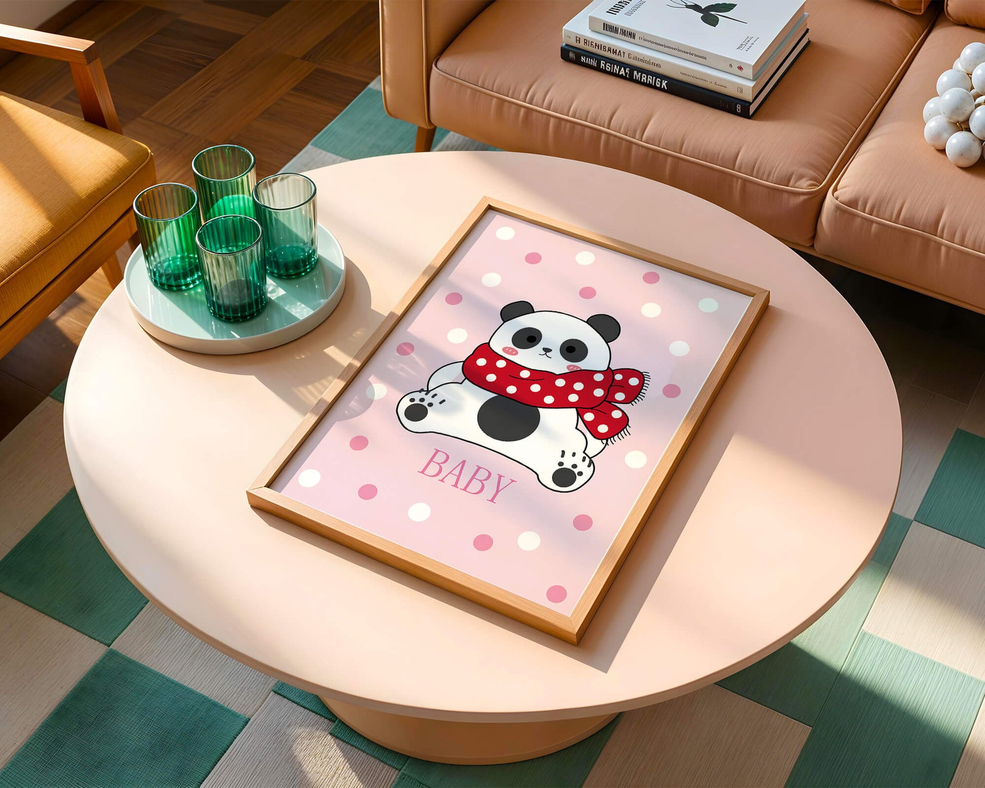 Cartoon panda with red scarf on pink polka dot background