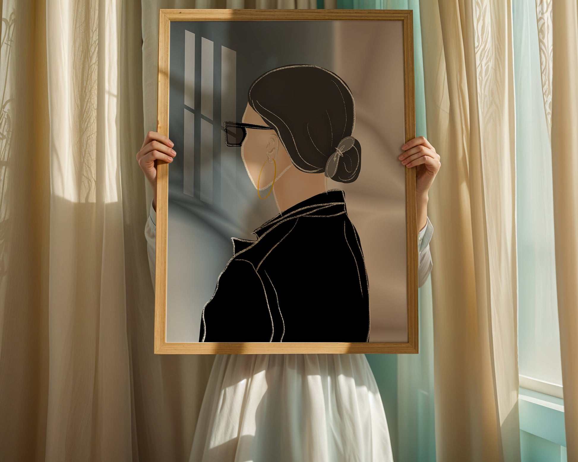 Modern woman with sunglasses and gold hoop earrings