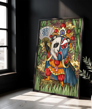Colorful panda dressed in traditional Chinese opera costume surrounded by bamboo
