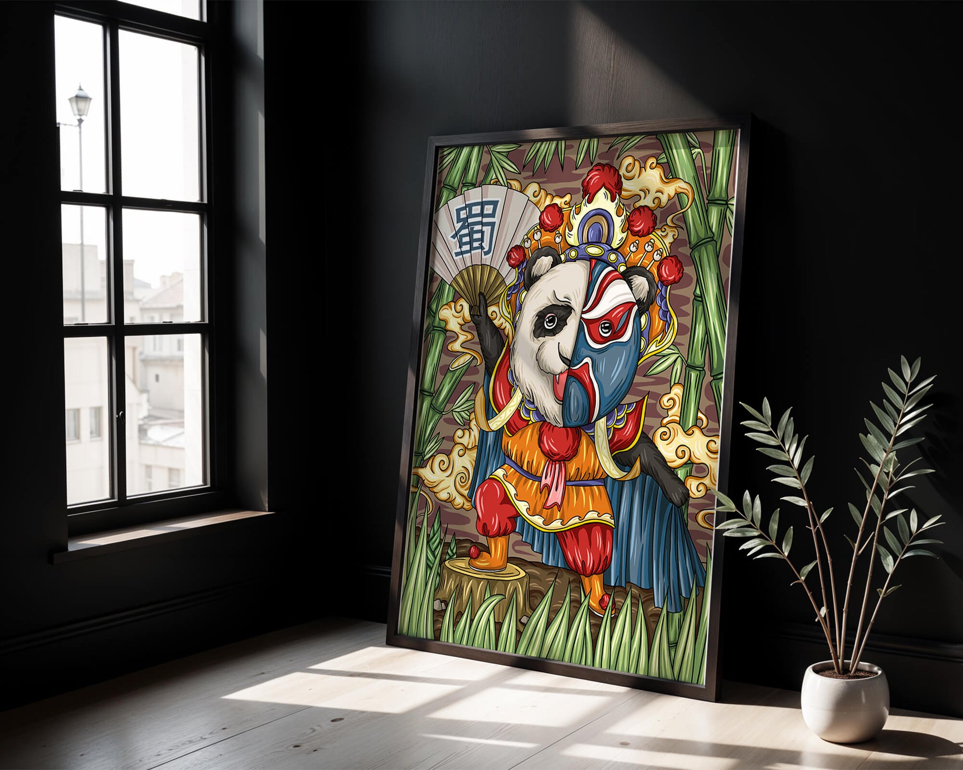 Colorful panda dressed in traditional Chinese opera costume surrounded by bamboo