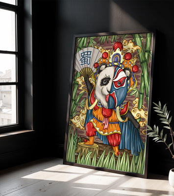 Colorful panda dressed in traditional Chinese opera costume surrounded by bamboo
