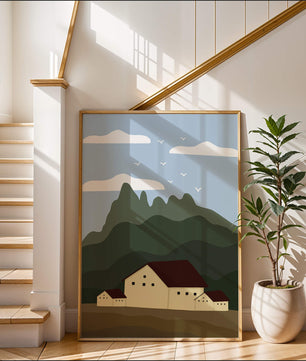 Paisaje minimalista de montaña con casas y pájaros en el cielo