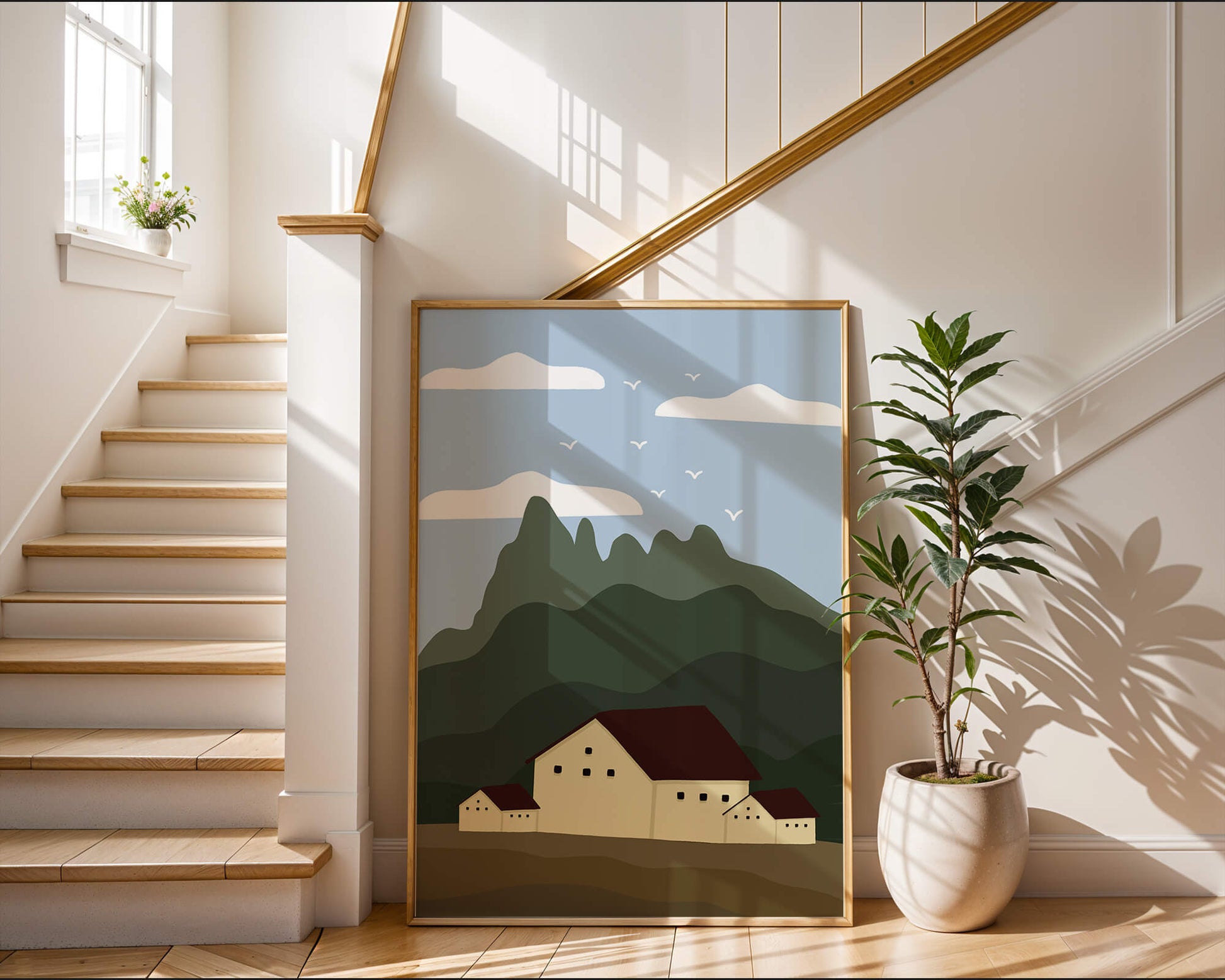 Paisaje minimalista de montaña con casas y pájaros en el cielo