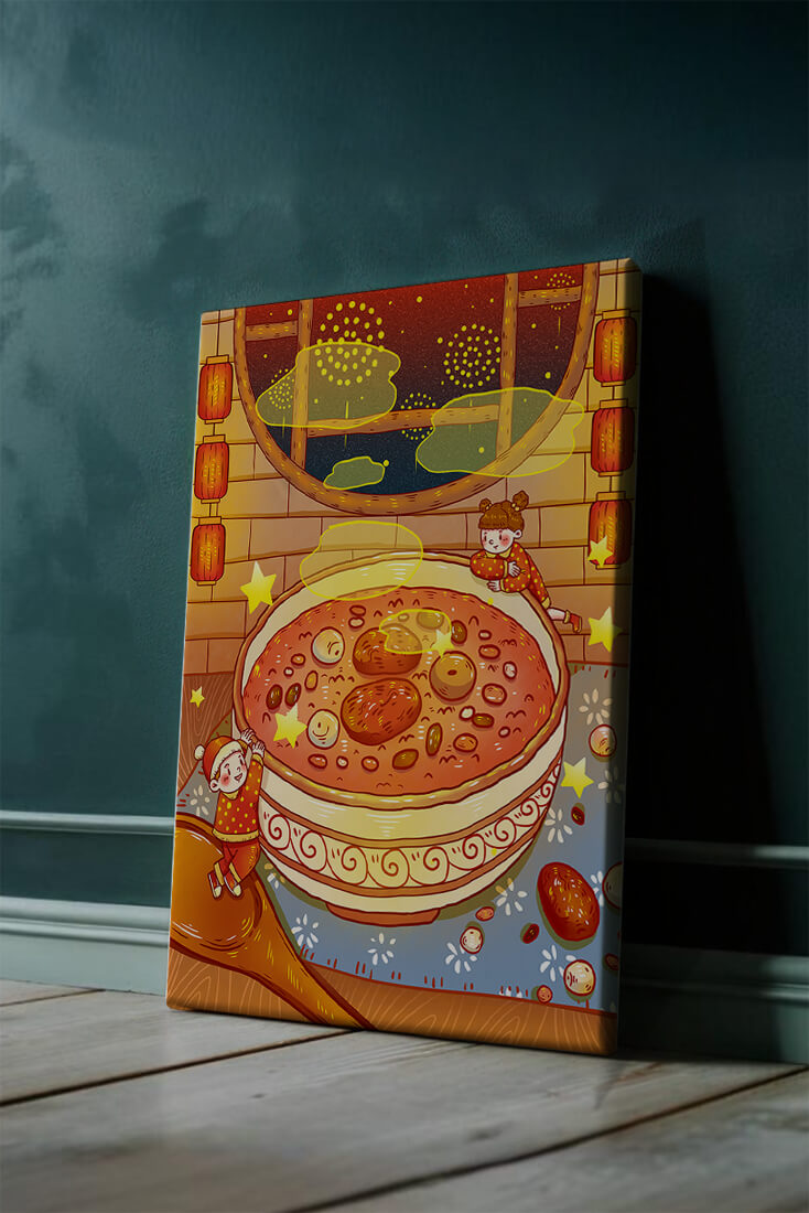Cozy festive scene with children, a large bowl of soup, and lanterns