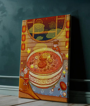 Scène festive et chaleureuse avec des enfants, un grand bol de soupe et des lanternes