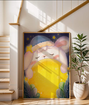 Sleepy rabbit with starry hat holding a glowing ball in a dreamy night scene