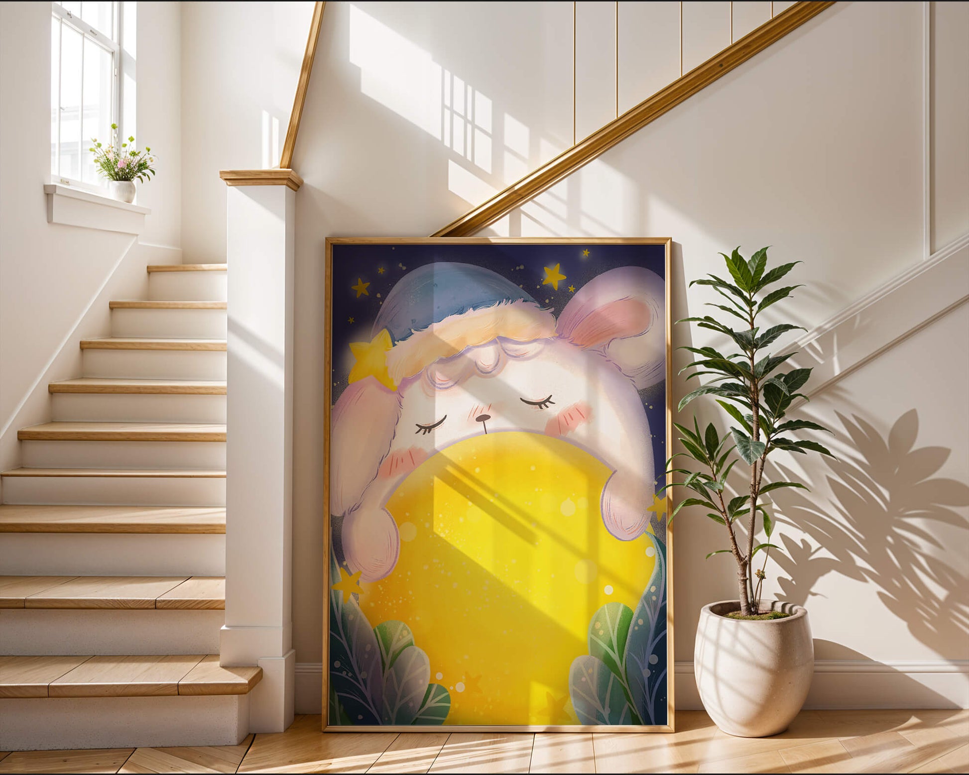 Sleepy rabbit with starry hat holding a glowing ball in a dreamy night scene