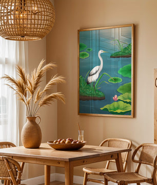 Serene wetland scene with white crane and water lilies