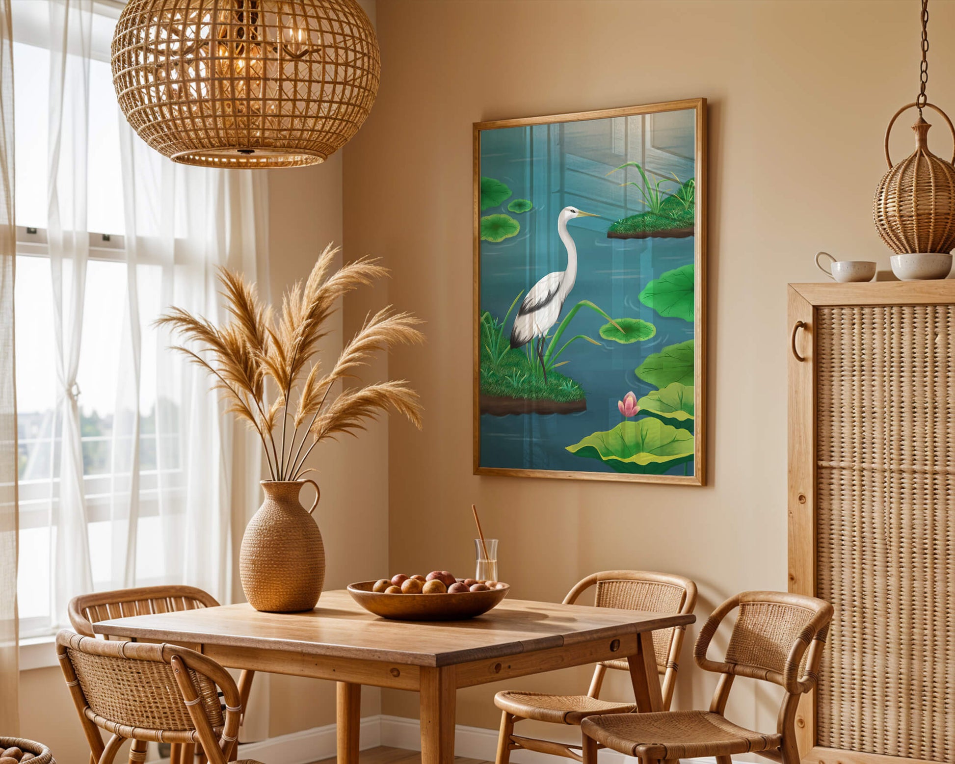 Serene wetland scene with white crane and water lilies