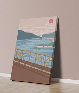 Coastal Landscape with Lighthouse and Artistic Fence at Sunset