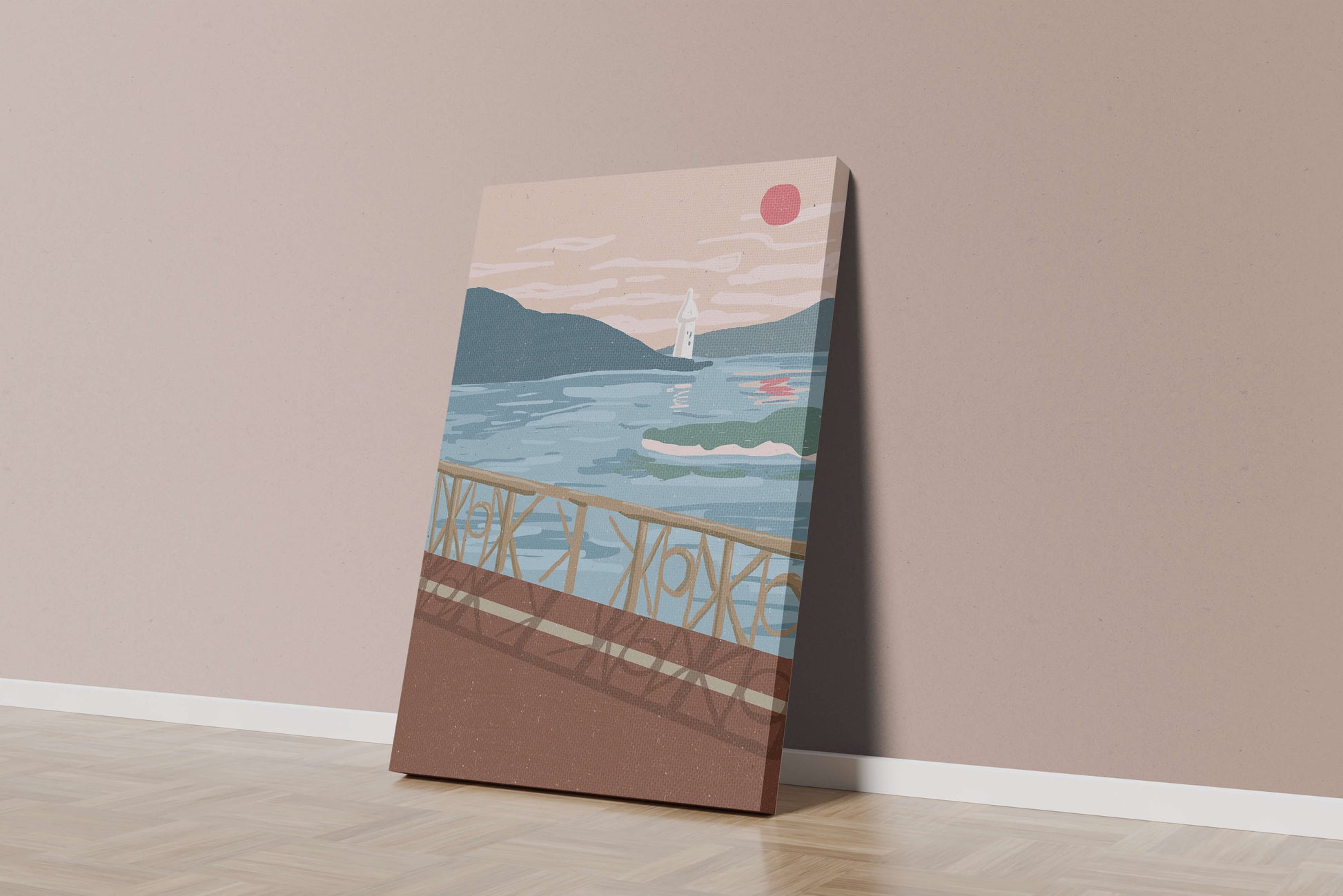 Coastal Landscape with Lighthouse and Artistic Fence at Sunset