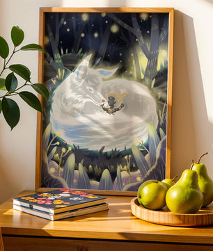 Scène de forêt fantaisiste avec un loup endormi et une silhouette mystérieuse la nuit