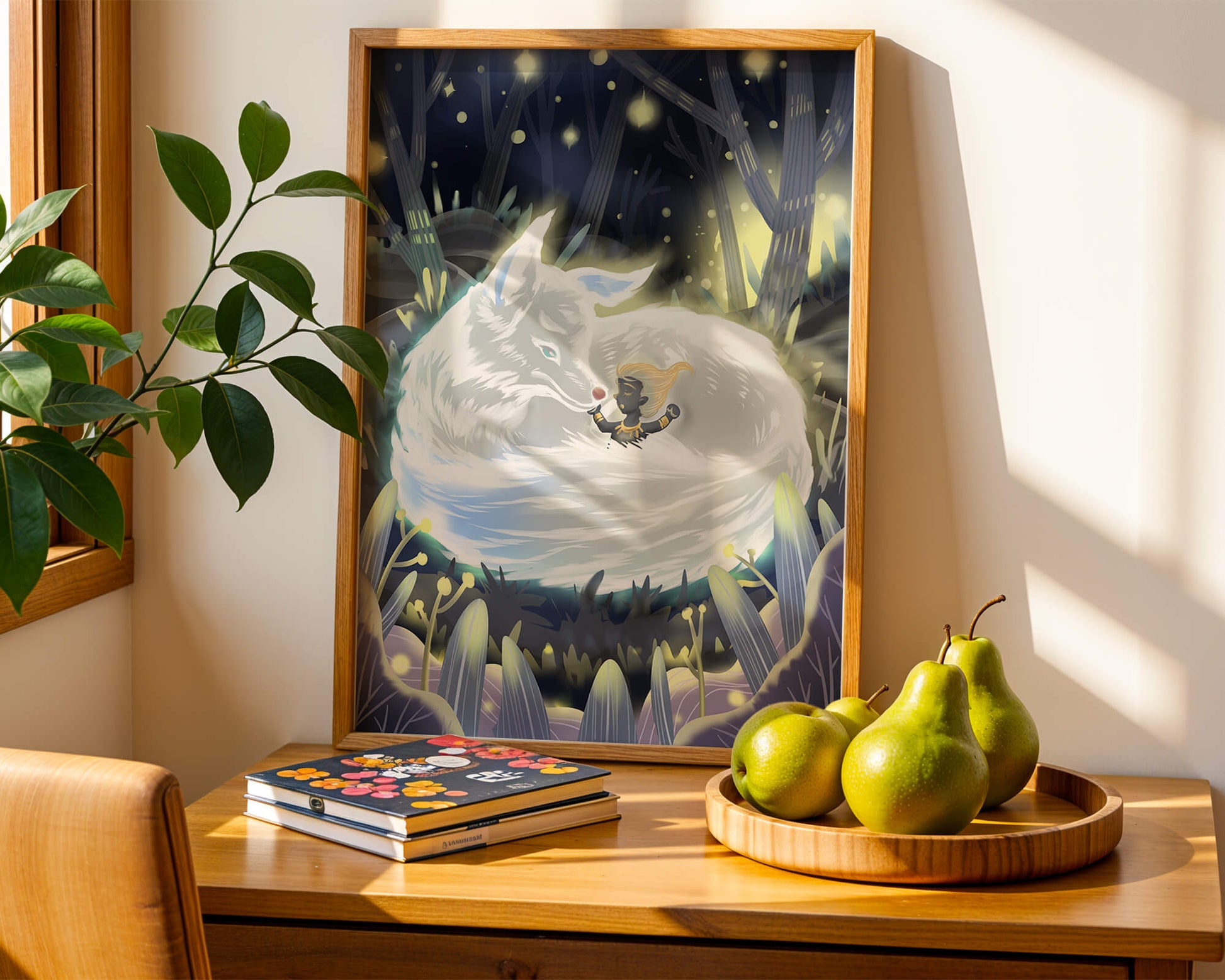 Whimsical forest scene with a sleeping wolf and a mysterious figure at night