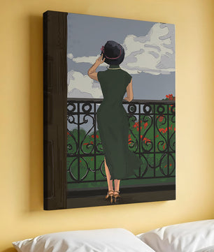 Mujer elegante en un balcón con vista pintoresca y flores rojas