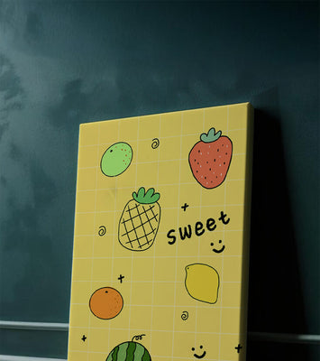 Playful fruit pattern on yellow grid background