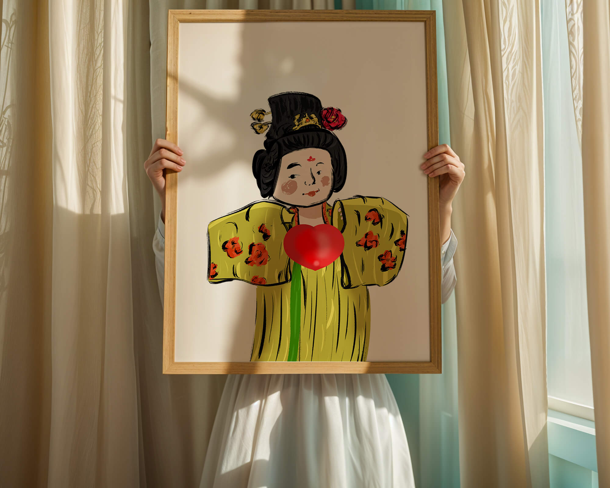 Illustration of a traditional figure in vibrant attire with a heart symbol