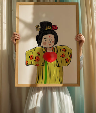 Ilustración de una figura tradicional con atuendo vibrante y un símbolo de corazón