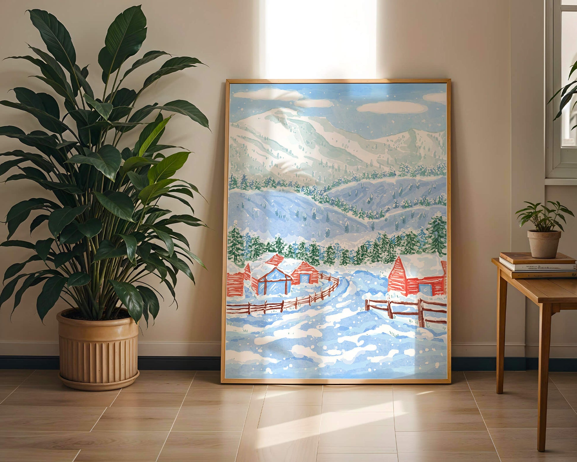 Charming snowy landscape with mountain view and cozy cabins