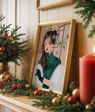 Elegant woman in vintage attire with netted hat and floral elements