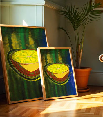 Vibrant abstract lemon slice with a colorful background