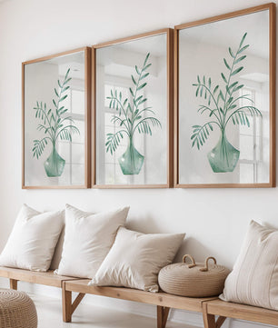 Illustration minimaliste à l’aquarelle de feuilles vertes dans un vase en verre