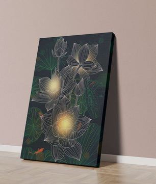 Lotus Flowers with Glowing Accents and Koi Fish Underwater