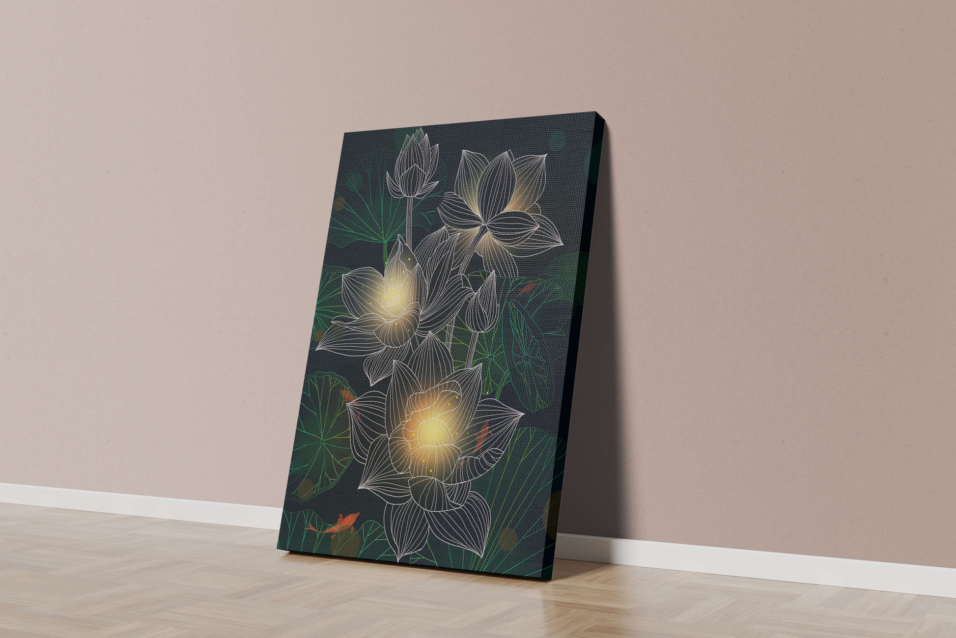 Flores de loto con detalles luminosos y peces koi bajo el agua