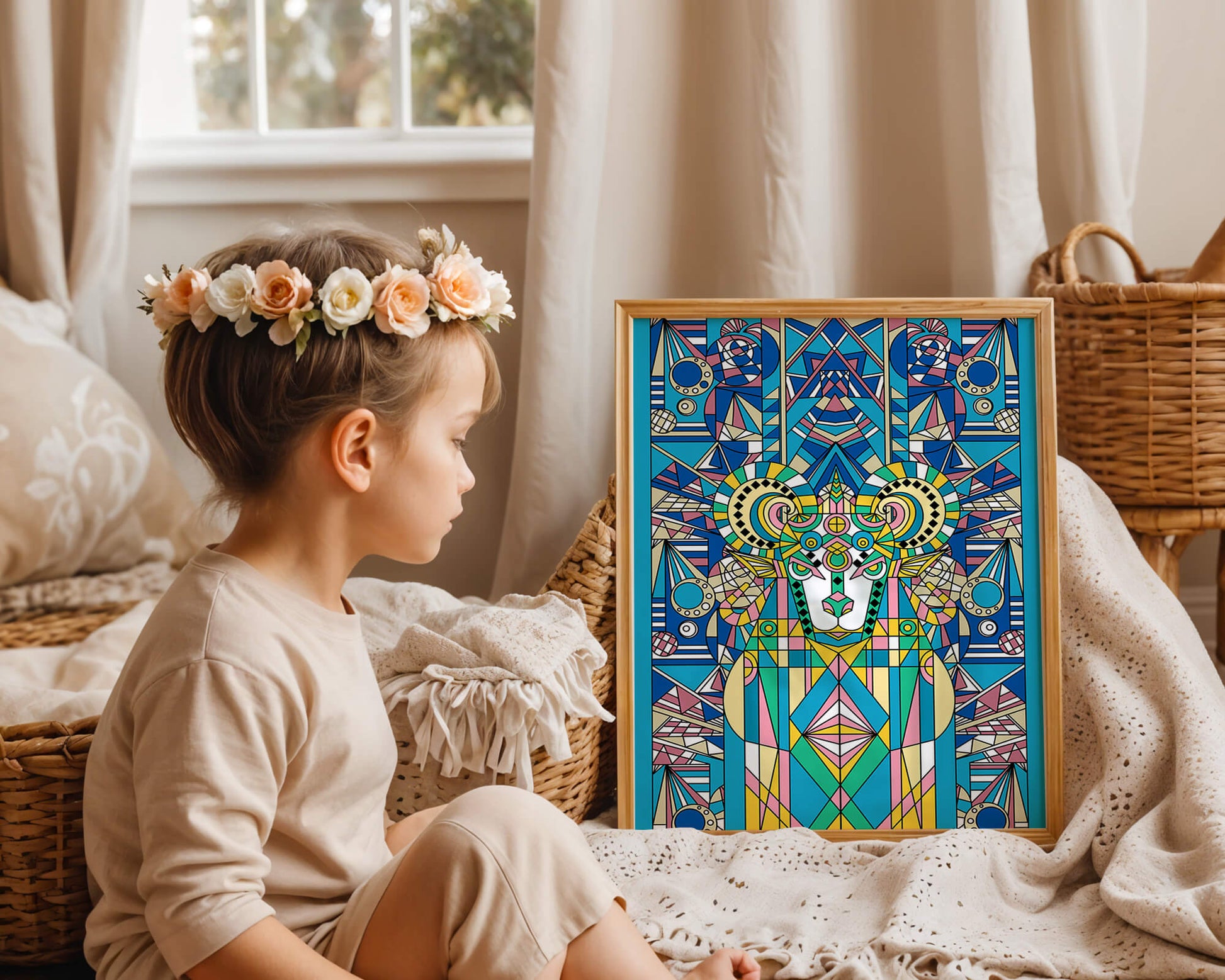 Diseño geométrico colorido de carnero con patrones simétricos