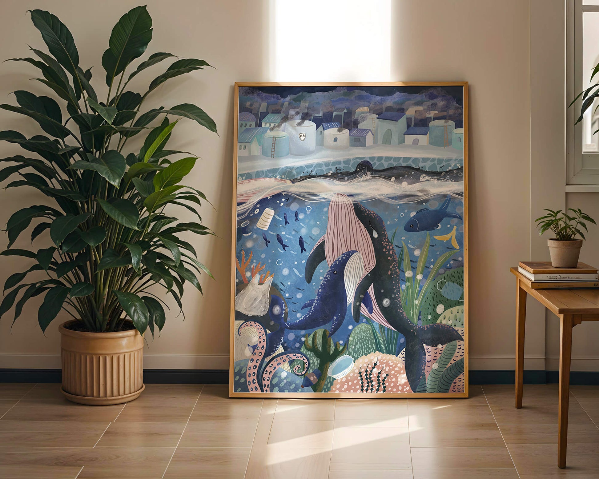 Whimsical Underwater City with Marine Life and Pollution