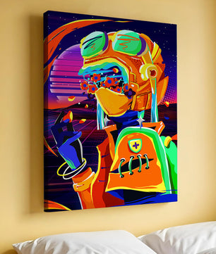 Vibrant futuristic illustration with a colorful character in helmet and flowers