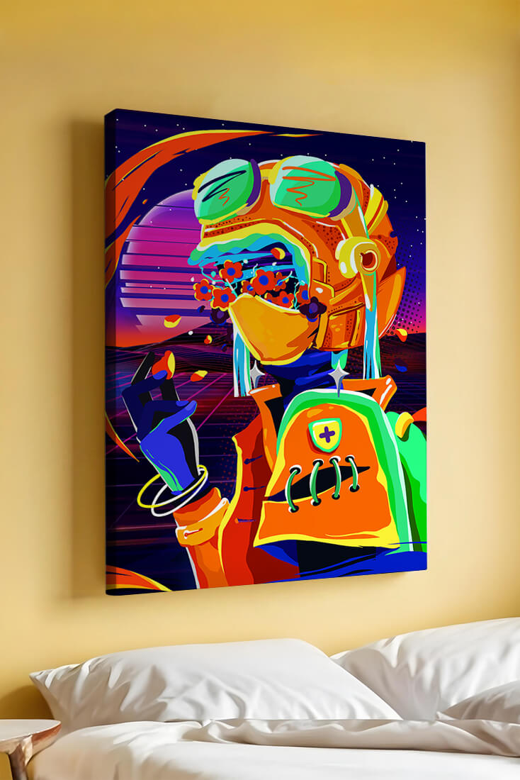 Vibrant futuristic illustration with a colorful character in helmet and flowers