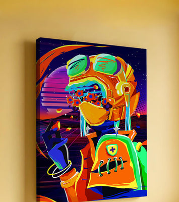 Vibrant futuristic illustration with a colorful character in helmet and flowers